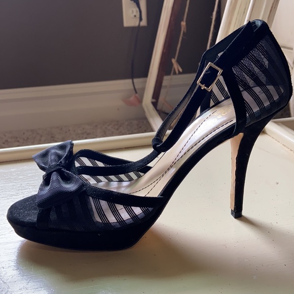 Black Suede Leather Mesh Bow Heels T-Strap Mary Janes Kate Spade 9 Open Toe - Picture 4 of 9